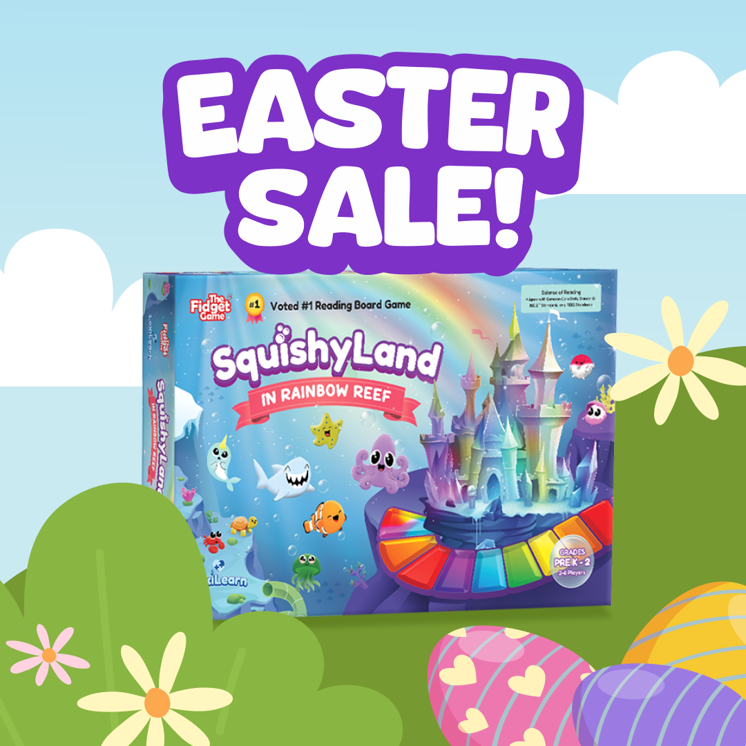 Squishyland board game box featuring Rainbow Reef characters and a rainbow playing track