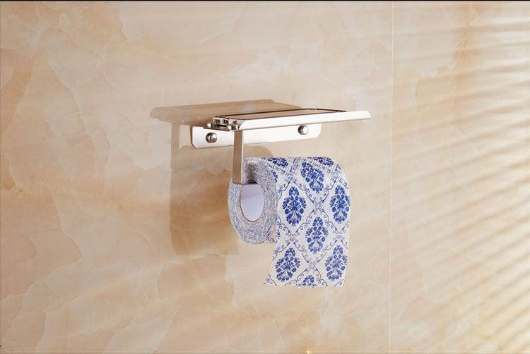 Brushed stainless steel toilet paper holder with phone shelf and towel roll support