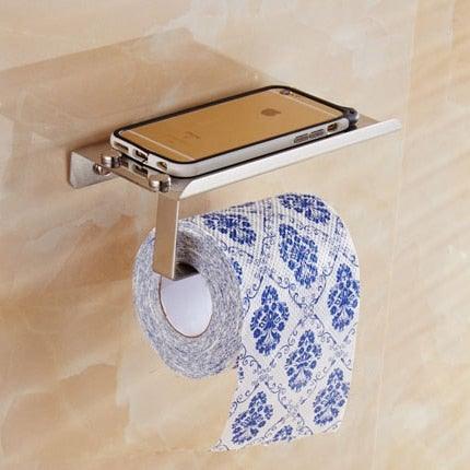 Wall mount toilet paper holder with phone shelf and roll dispenser, brushed silver