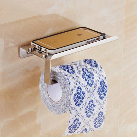 Stainless steel toilet paper holder with phone shelf, wall mount, brushed silver finish
