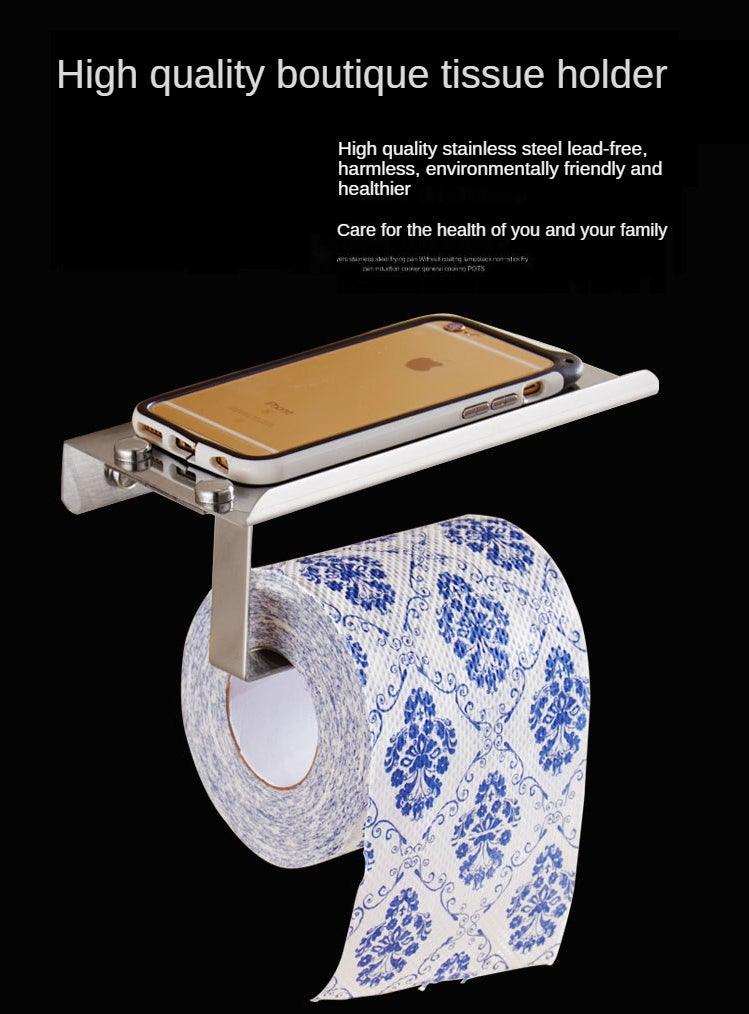 Toilet paper holder with phone shelf, brushed silver steel base and tissue roll