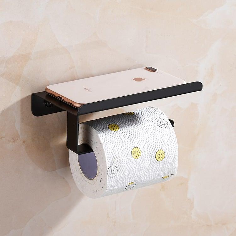 Wall mount toilet paper holder with black phone shelf and stainless steel dispenser body