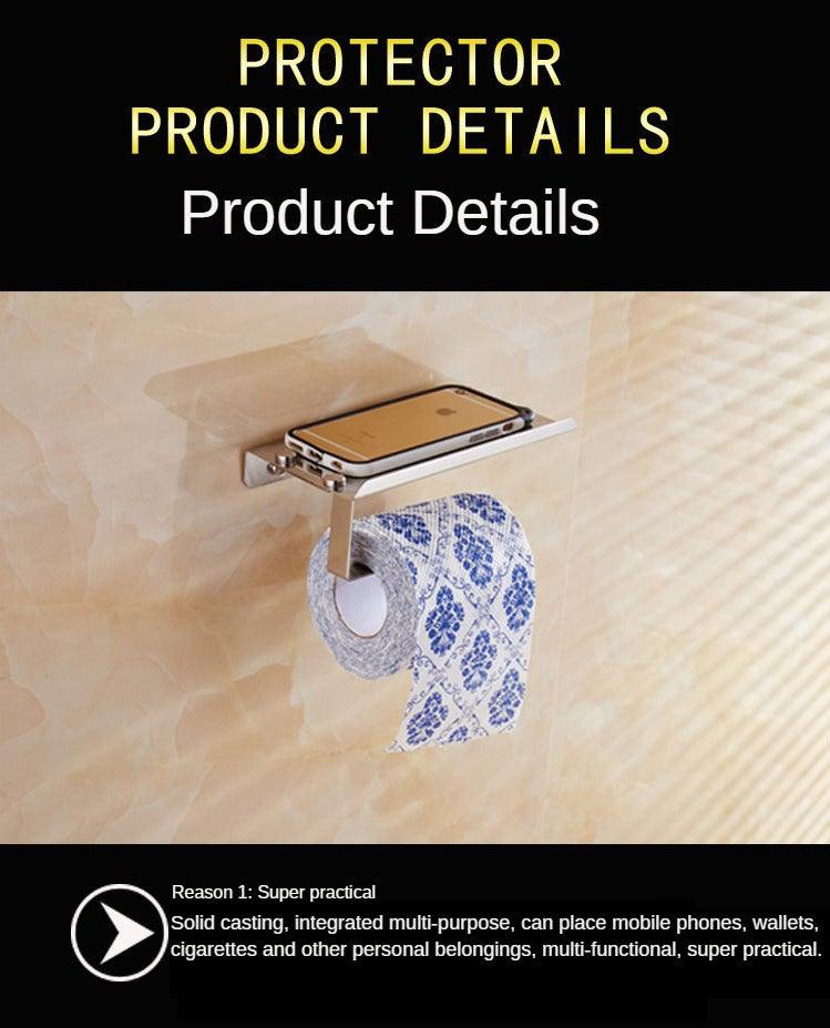 Wall-mounted stainless steel toilet paper holder with phone shelf and towel bar