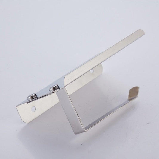 Wall-mounted stainless steel tissue holder with long top shelf and open support bracket