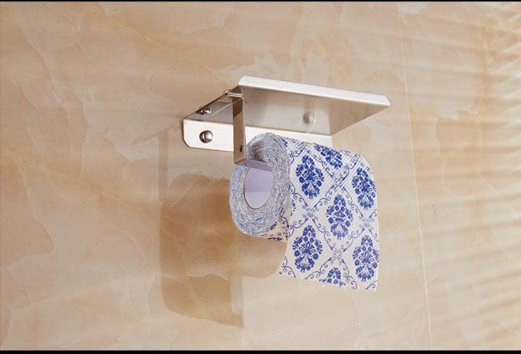 Stainless steel toilet paper holder with phone shelf, wall mount, tissue roll dispenser