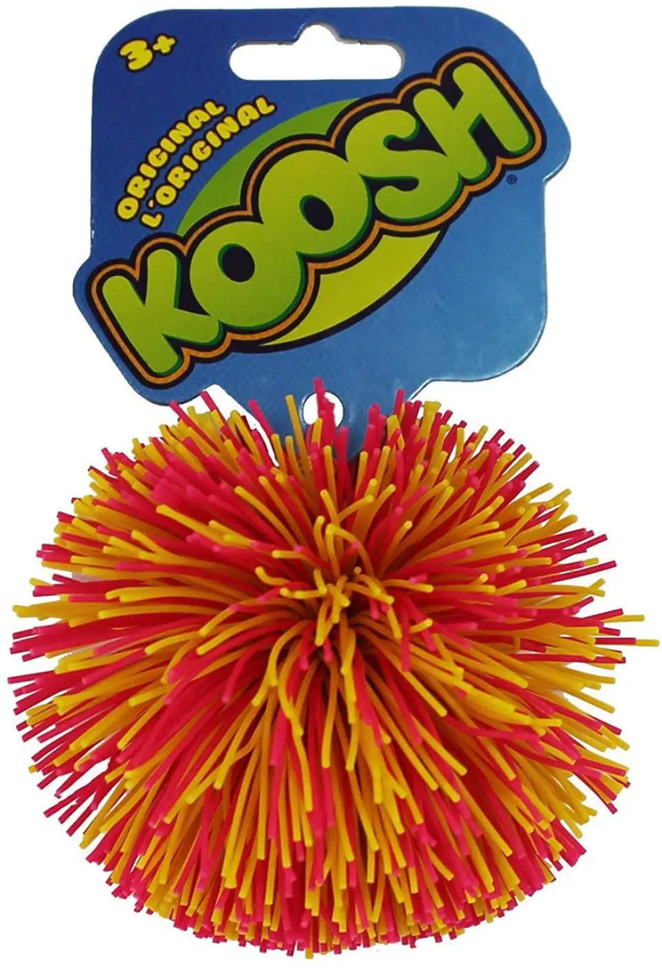 Standard Koosh ball in yellow and pink with Koosh brand packaging