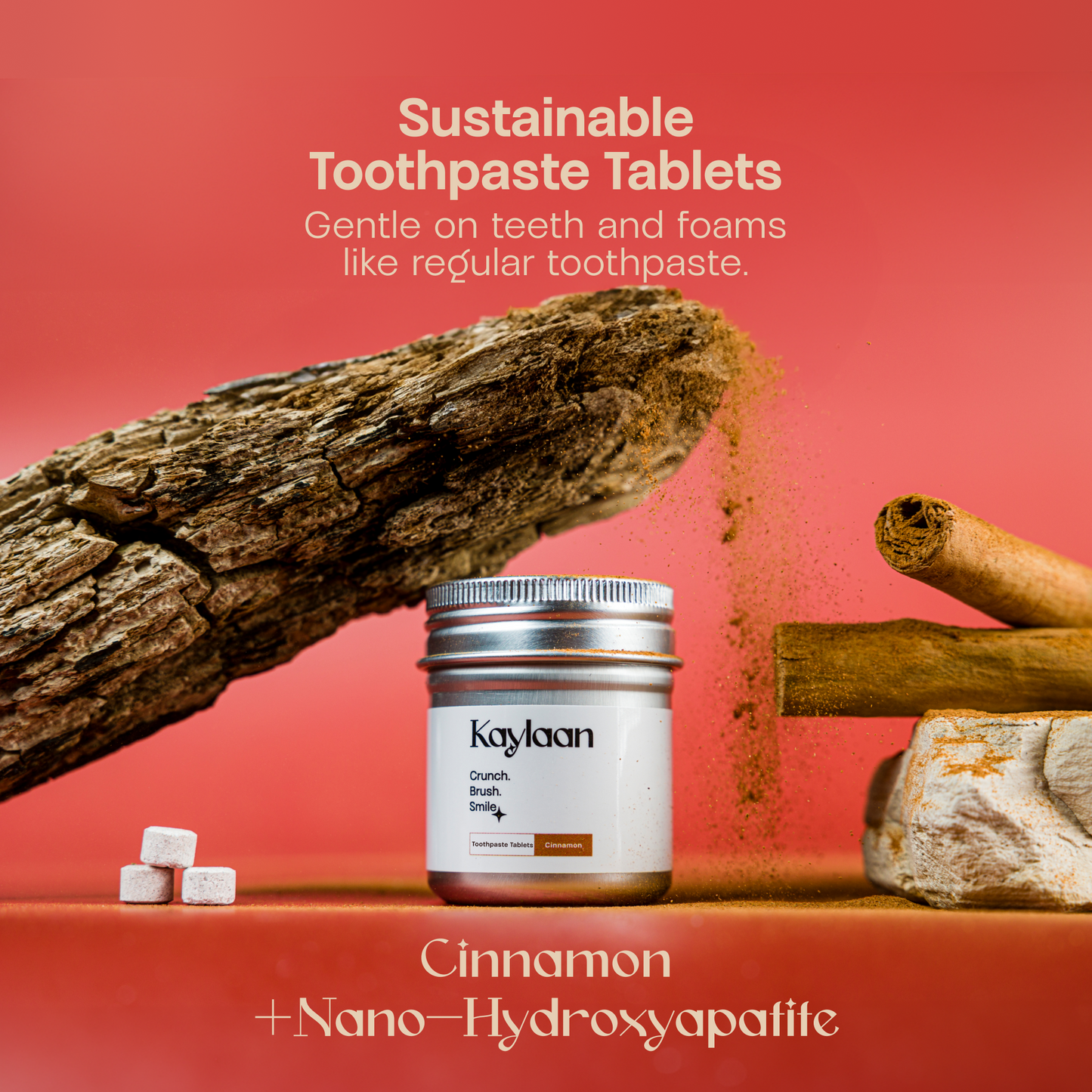 Kaylan toothpaste tablets container with cinnamon sticks and a few round tablets