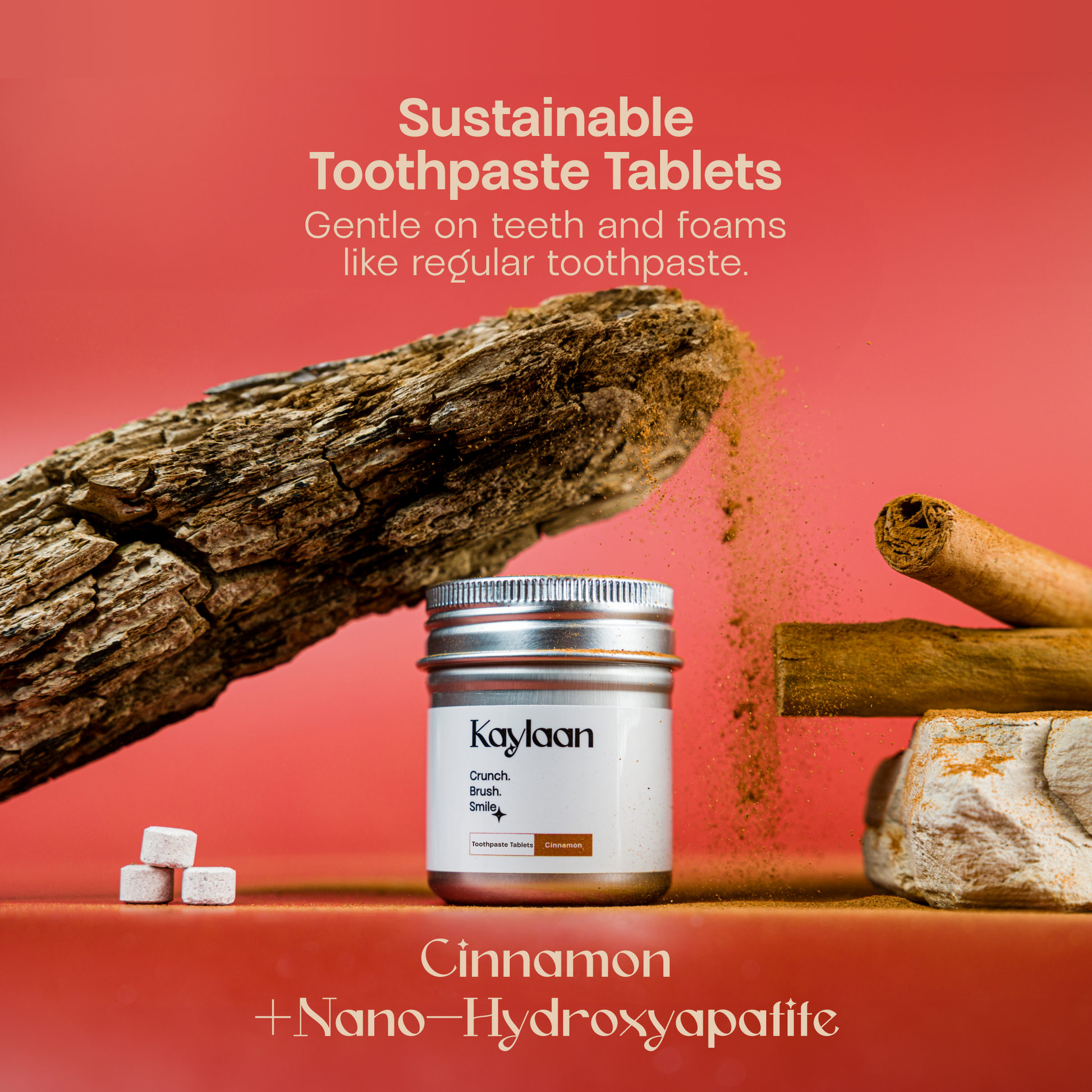 Kaylan toothpaste tablets container with cinnamon sticks and a few round tablets