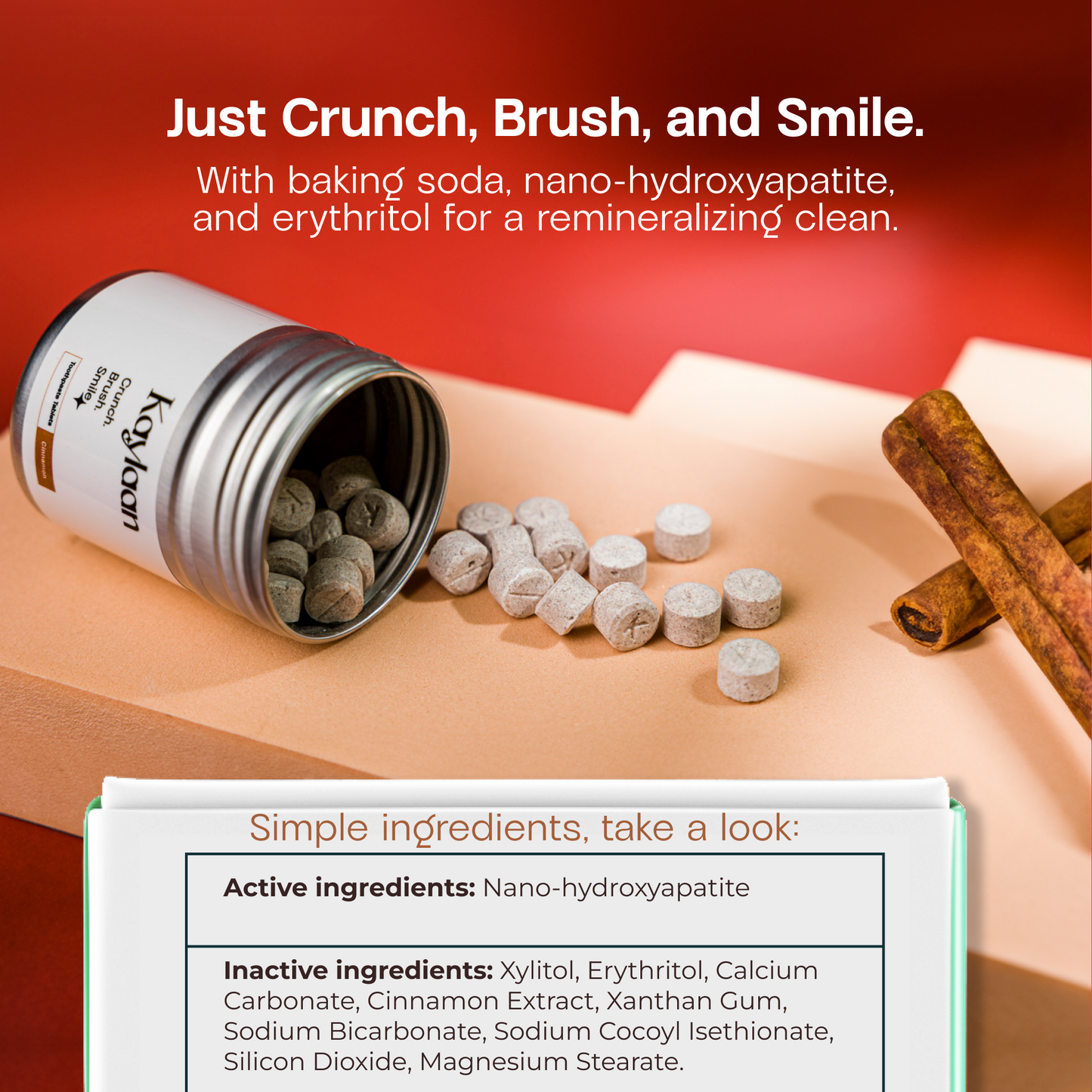 Kaylan toothpaste tablets jar with scattered round tablets and cinnamon sticks