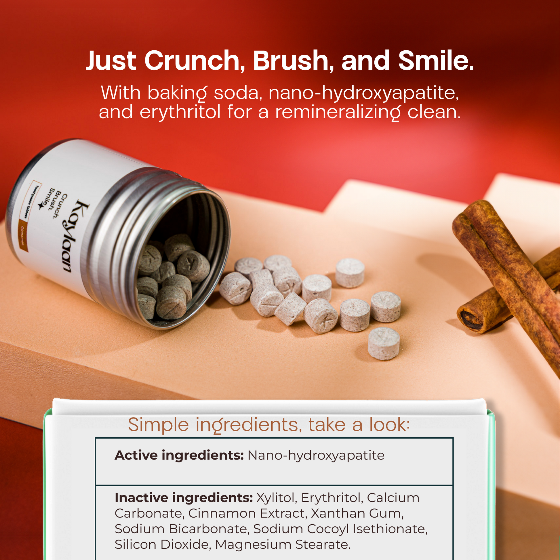 Kaylan toothpaste tablets jar with scattered round tablets and cinnamon sticks