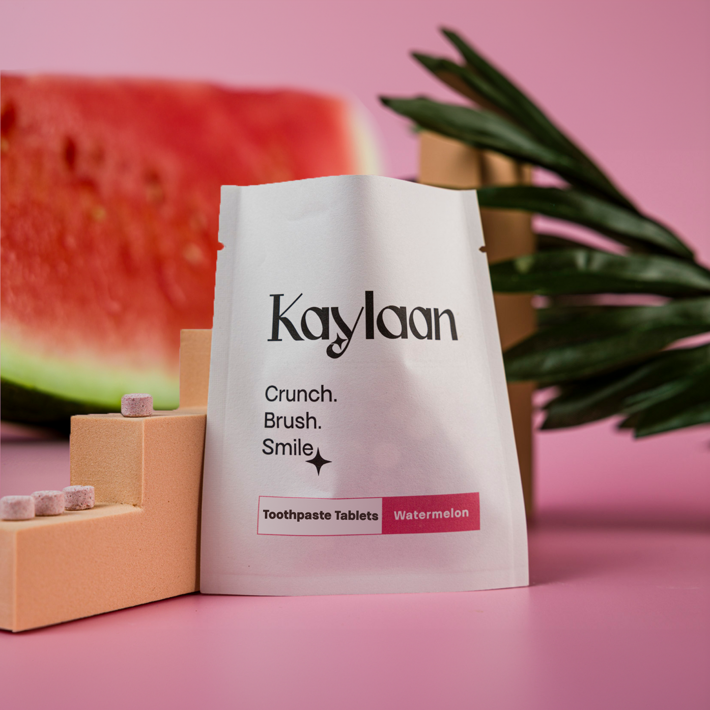 Kaylaan toothpaste tablet pouch with Watermelon flavor label and tablet cubes