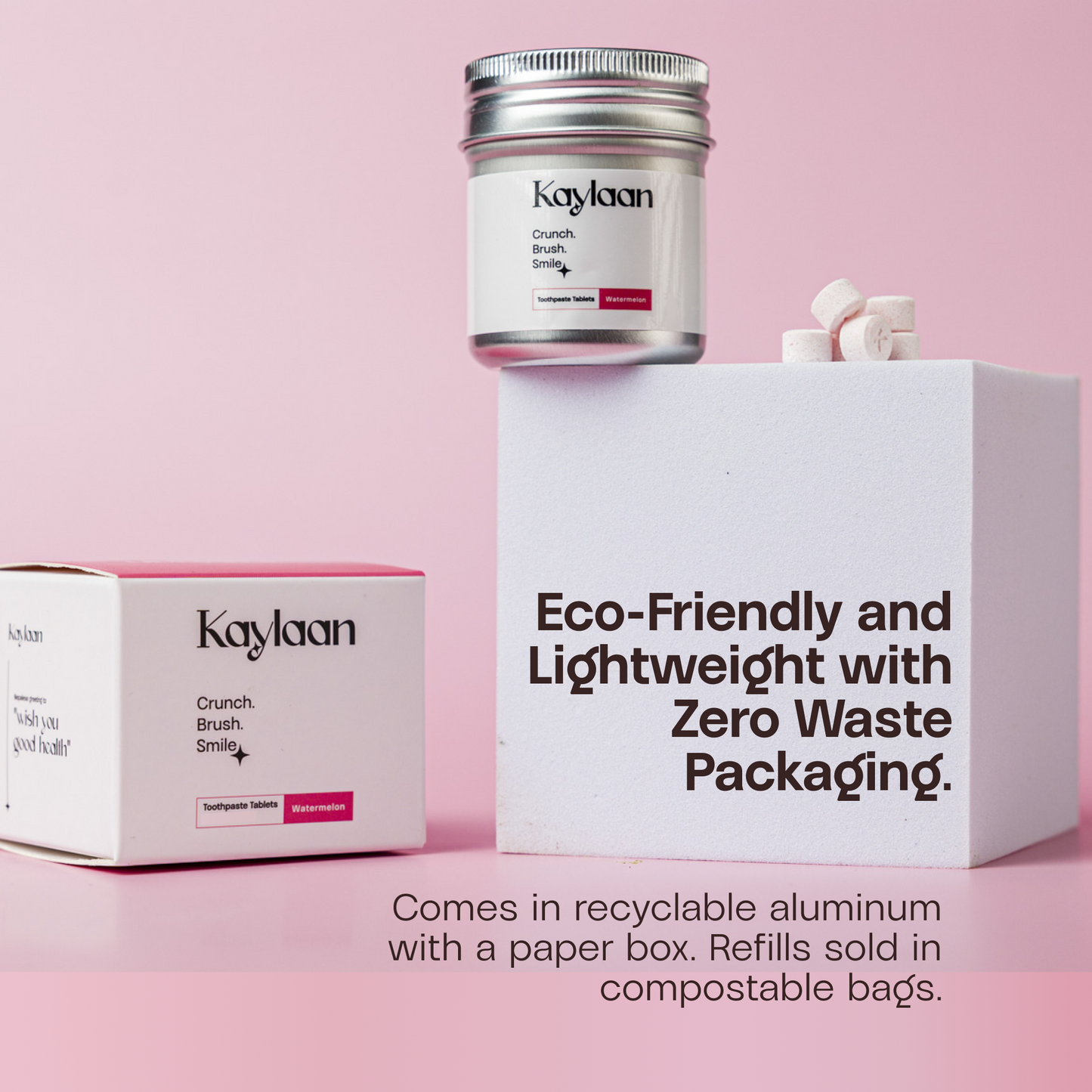 Kaylaan watermelon toothpaste tablets jar and zero-waste packaging box