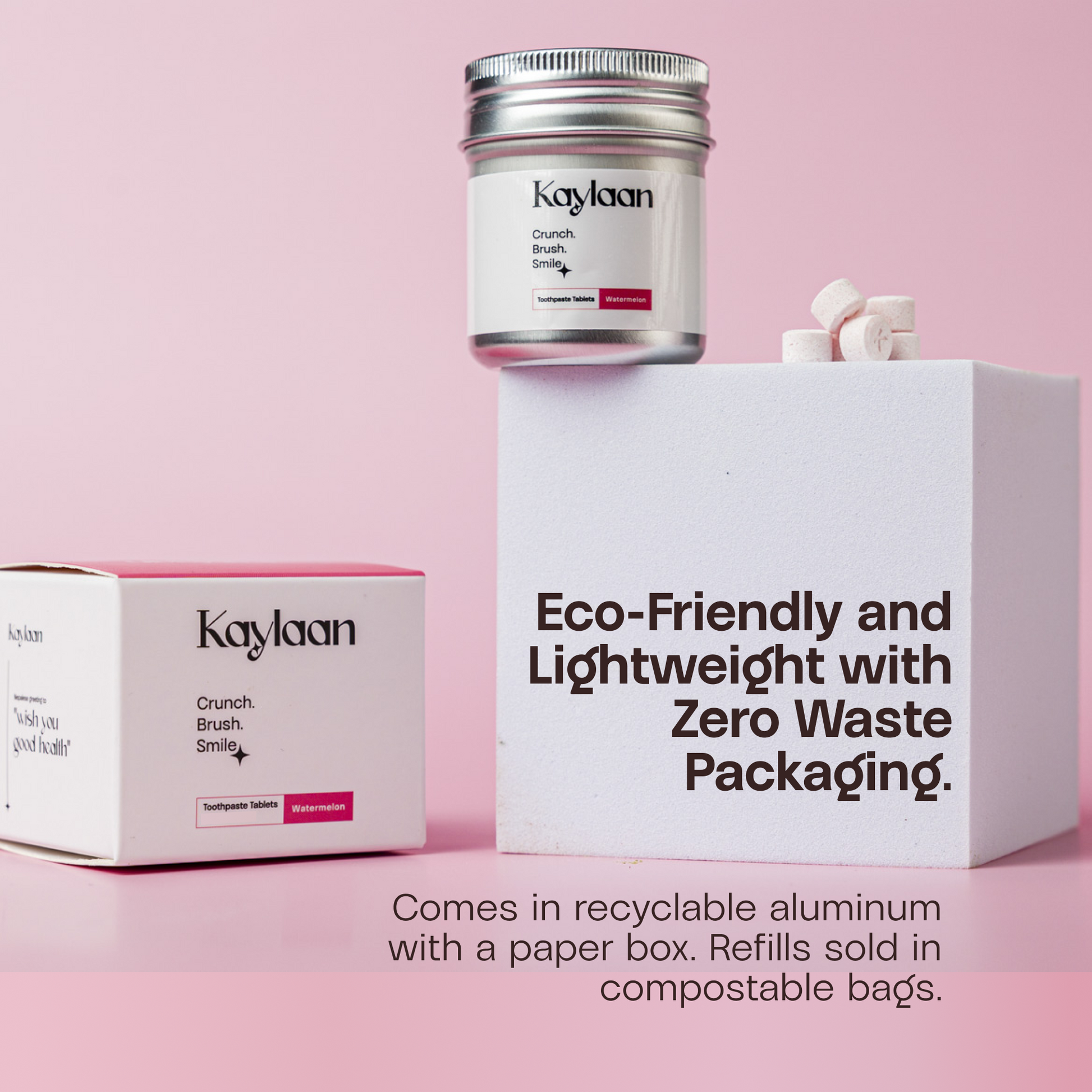 Kaylaan watermelon toothpaste tablets jar and zero-waste packaging box