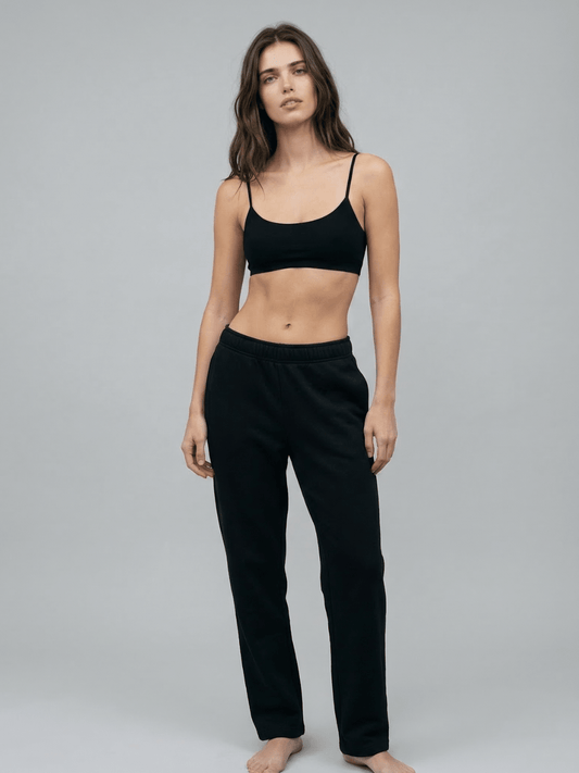 Black straight-leg sweatpants, elastic waistband, full-length relaxed legs