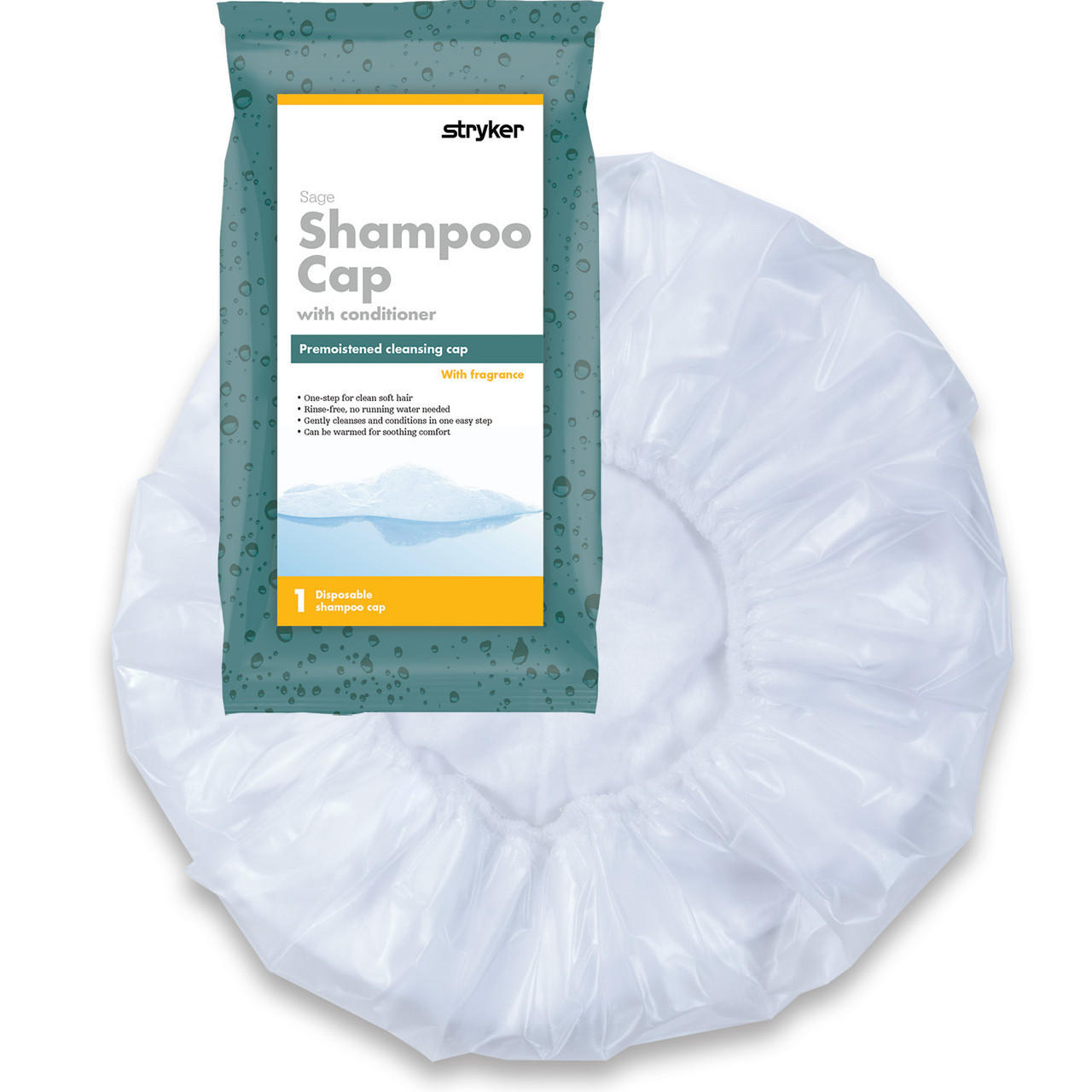 Stryker Sage rinse-free shampoo cap in sealed packaging, disposable pre-moistened cap