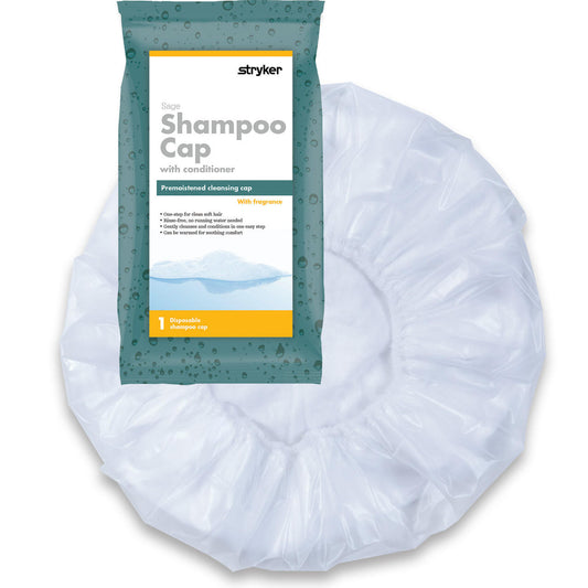 Stryker Sage rinse-free shampoo cap in sealed packaging, disposable pre-moistened cap