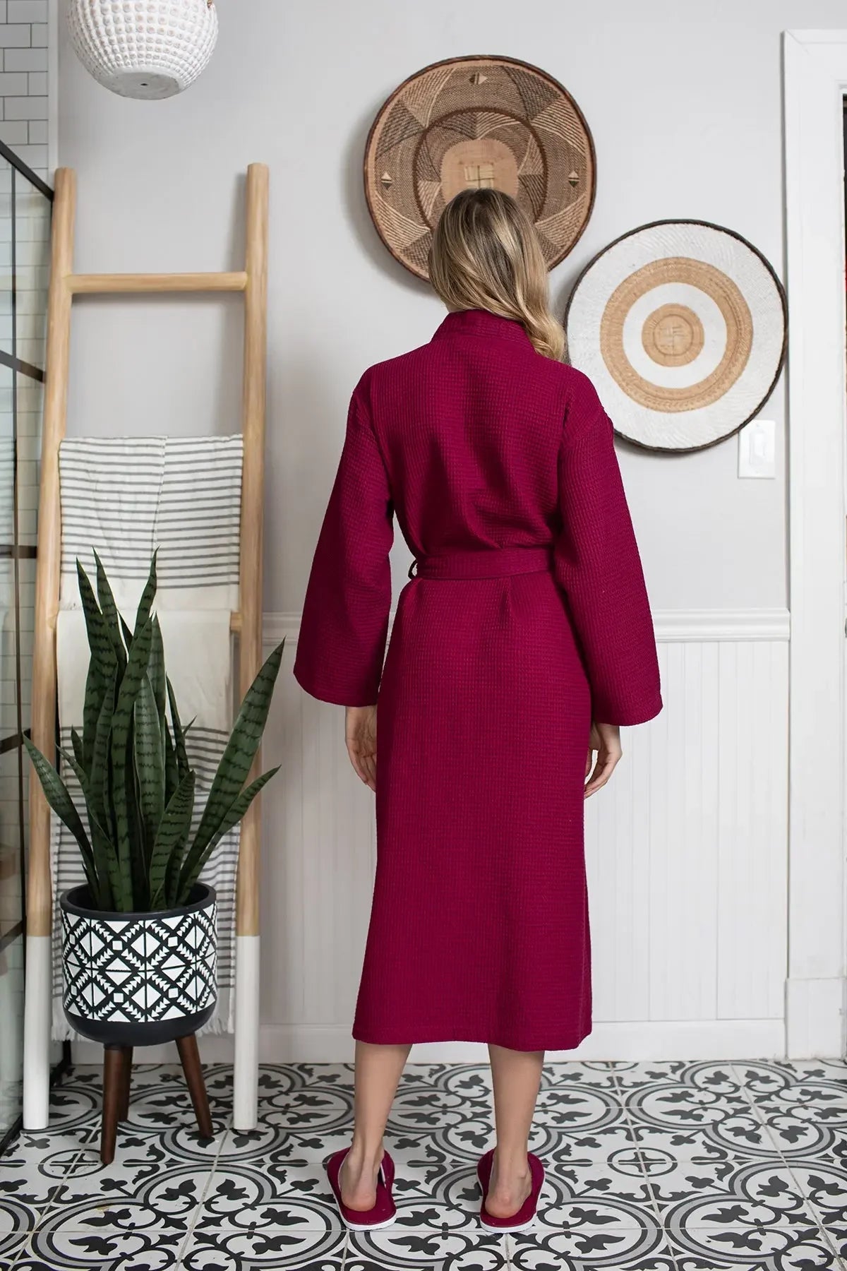 Wine red waffle-weave robe back view, belted mid-calf length with long sleeves
