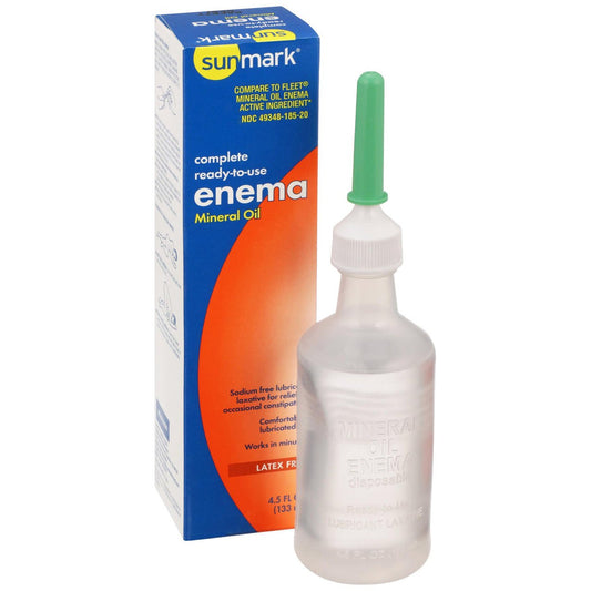 Sunmark mineral oil enema with green tip and ready-to-use bottle beside blue box