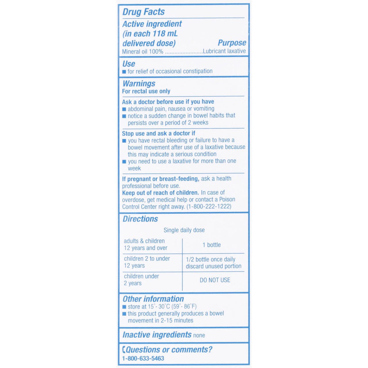 Drug Facts panel showing mineral oil 100% and directions for the enema