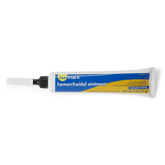 Hemorrhoidal ointment tube with white nozzle and black cap, blue-and-yellow label