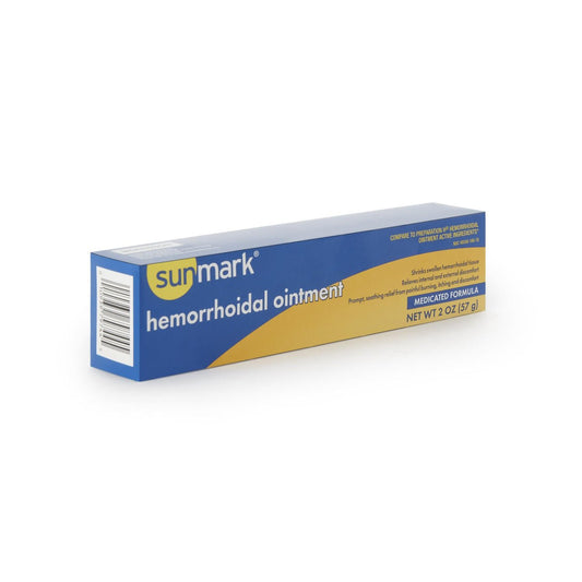 Sunmark hemorrhoidal ointment box, blue and gold with medicated formula text