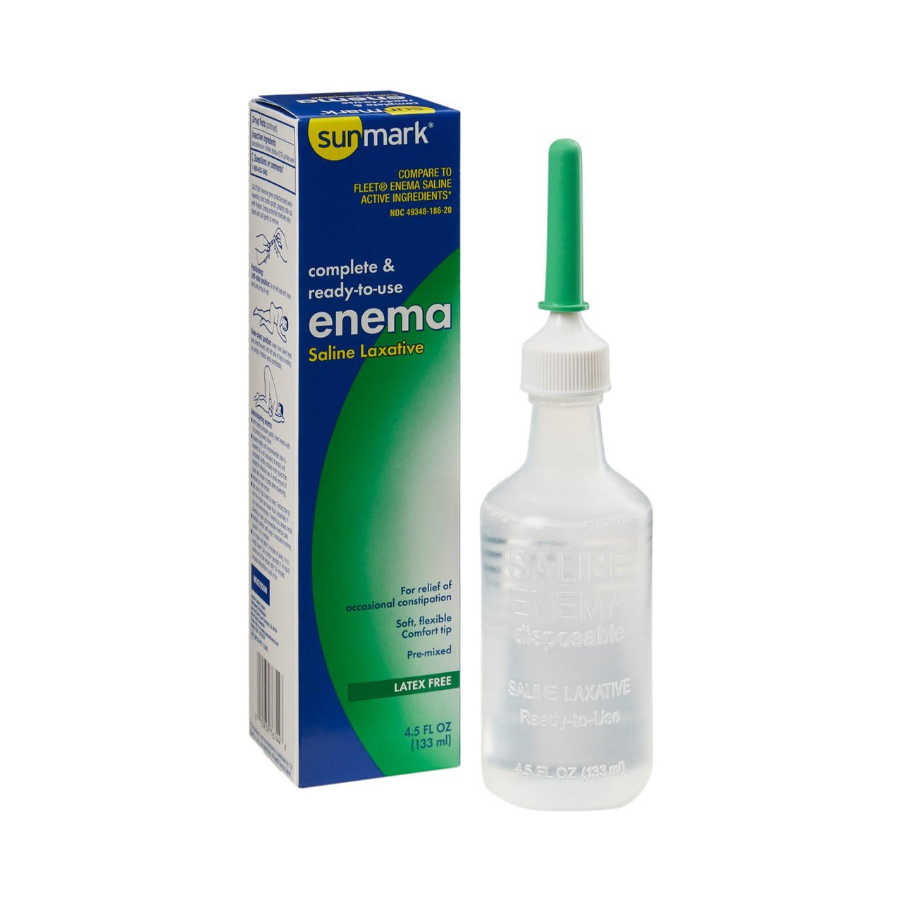 Sunmark saline enema kit with white bottle and green nozzle next to blue box