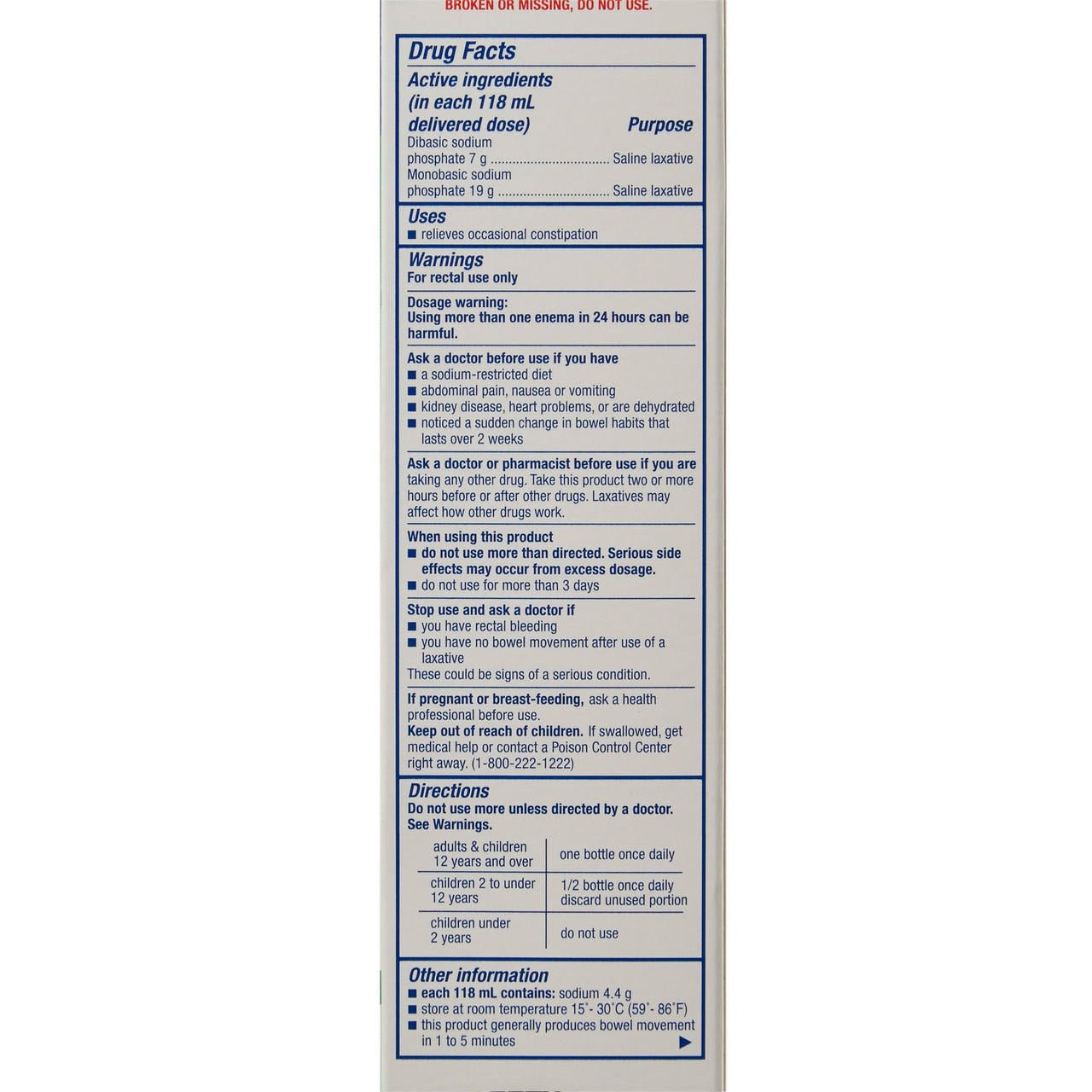 Enema bottle box back panel with Drug Facts and directions label details