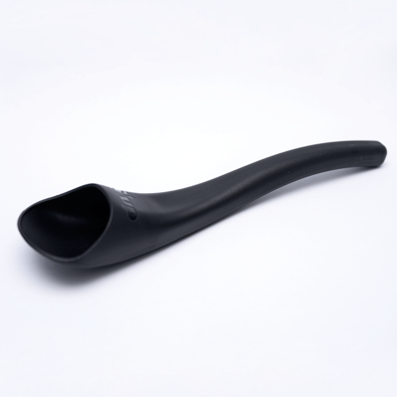 Black S'up spoon with deep bowl and curved, angled handle for easy grip