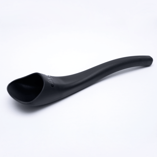 Black S'up spoon with deep bowl and curved, angled handle for easy grip