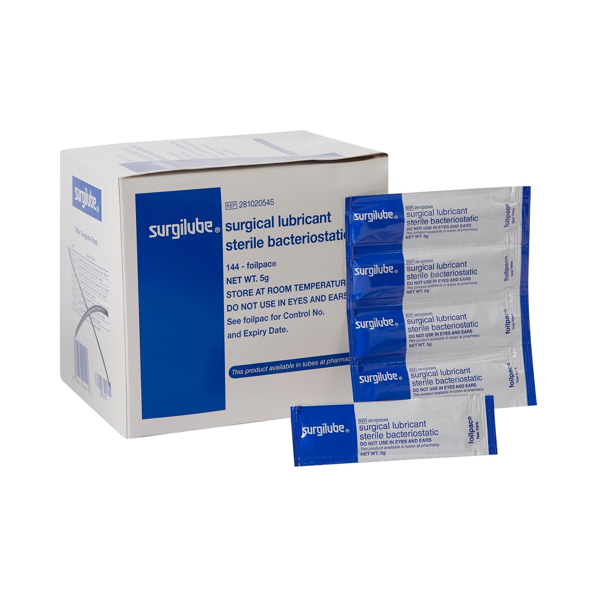 Sterile bacteriostatic surgical lubricant 5 g foil packets and carton
