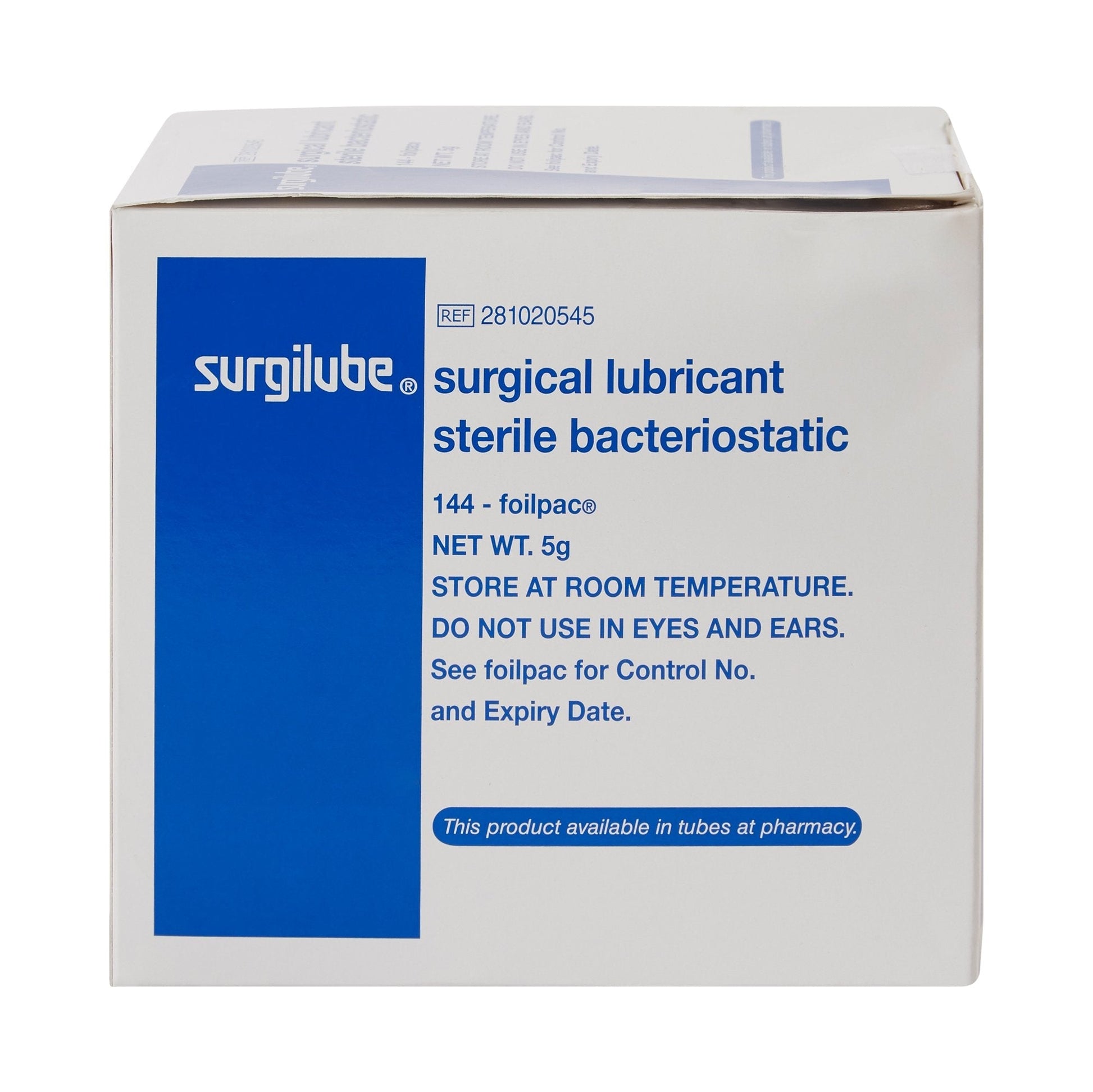 Sterile bacteriostatic surgical lubricant 5 g box carton, foilpac 144