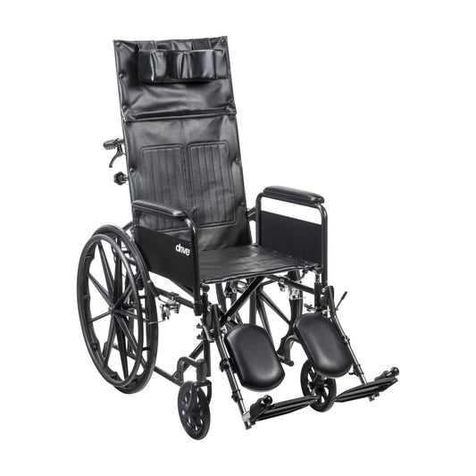 Reclining wheelchair with padded full arms and leg rests, black seat and back support