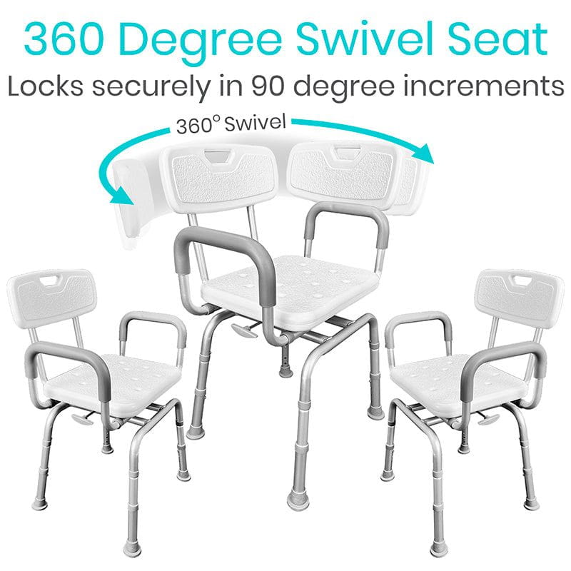 360-degree swivel shower chair with padded white seat and two supporting armrests