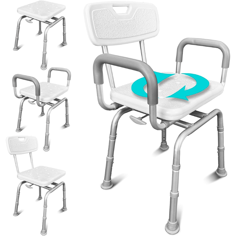 Swivel shower chair with padded white seat, backrest, and grey armrests on metal legs