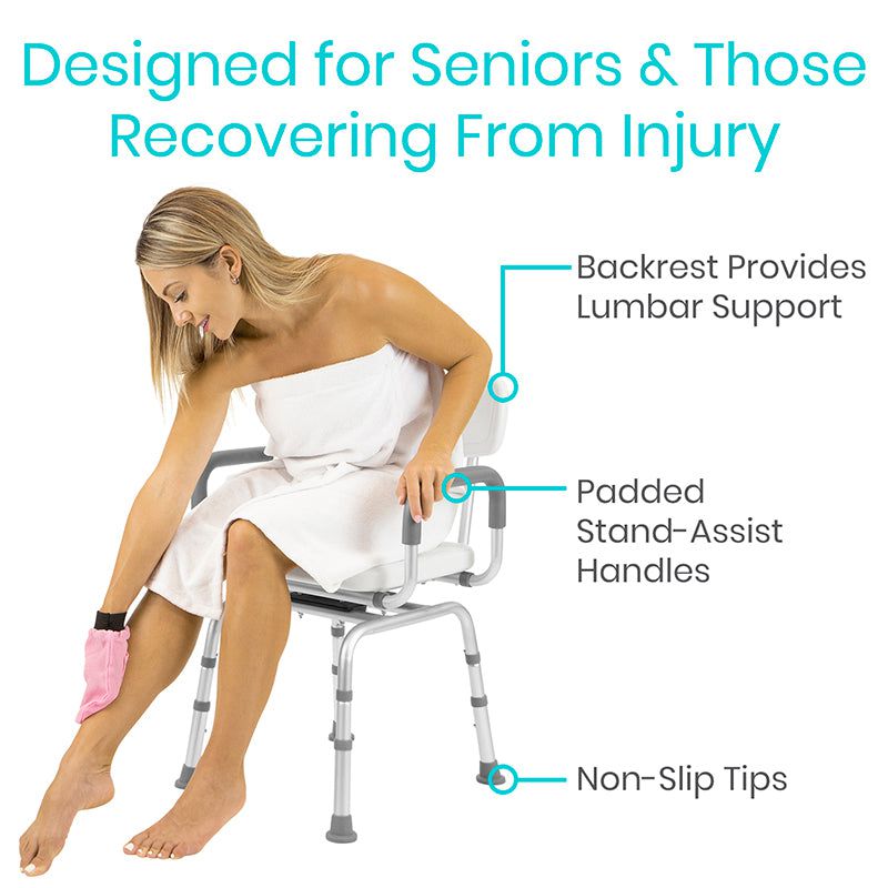 Swivel shower chair with padded armrests, backrest support, and non-slip tips