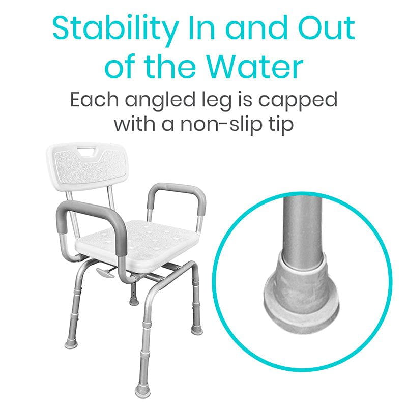 Swivel shower chair with angled legs and non-slip tips; padded seat and backrest