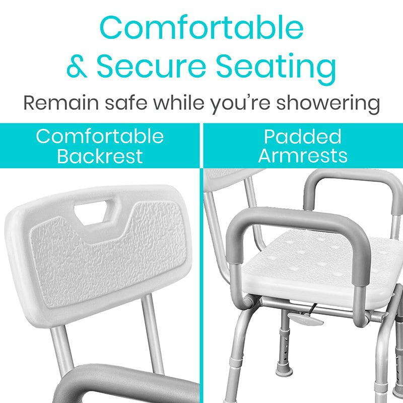 Shower chair with padded white backrest and armrests; secure seating swivel base