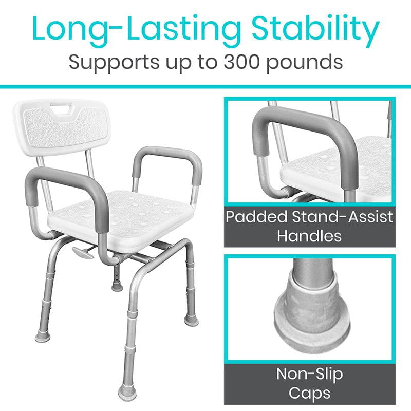 Swivel shower chair with padded stand-assist handles and non-slip capped support feet