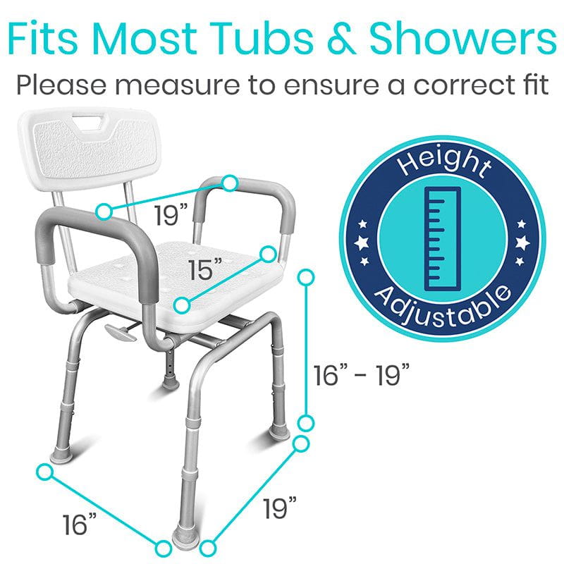 Adjustable swivel shower chair with padded seat, grey handles, and height range shown