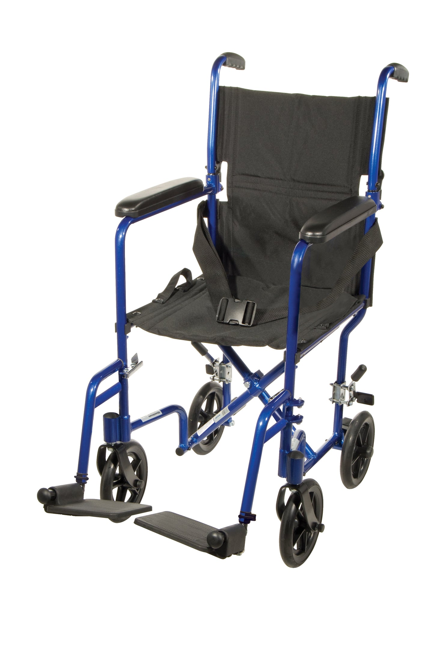 Lightweight transport wheelchair with 17-inch seat, blue frame, padded armrests