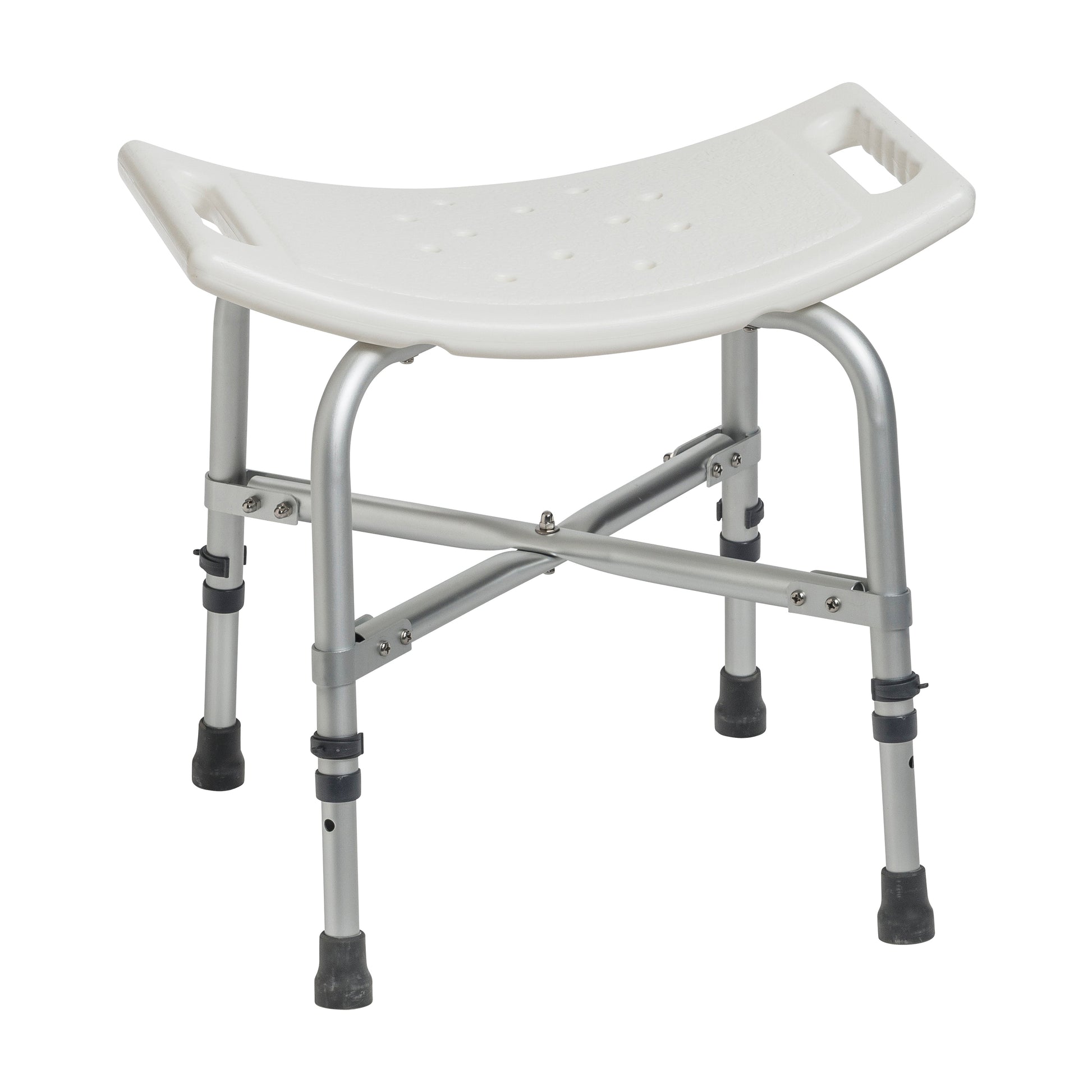 Bariatric heavy duty bath bench with curved white seat and gray adjustable legs