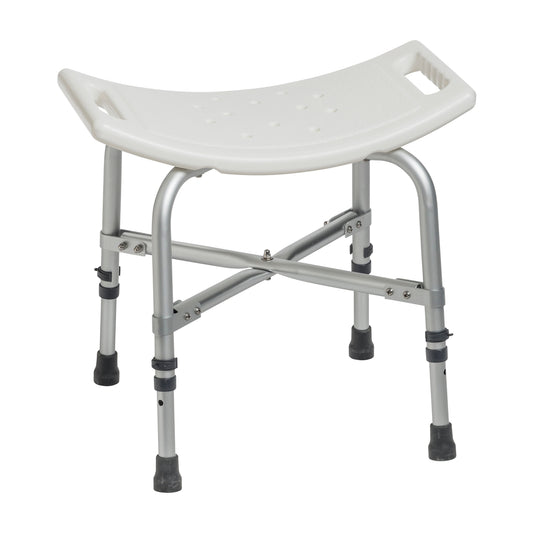 Bariatric heavy duty bath bench with curved white seat and gray adjustable legs