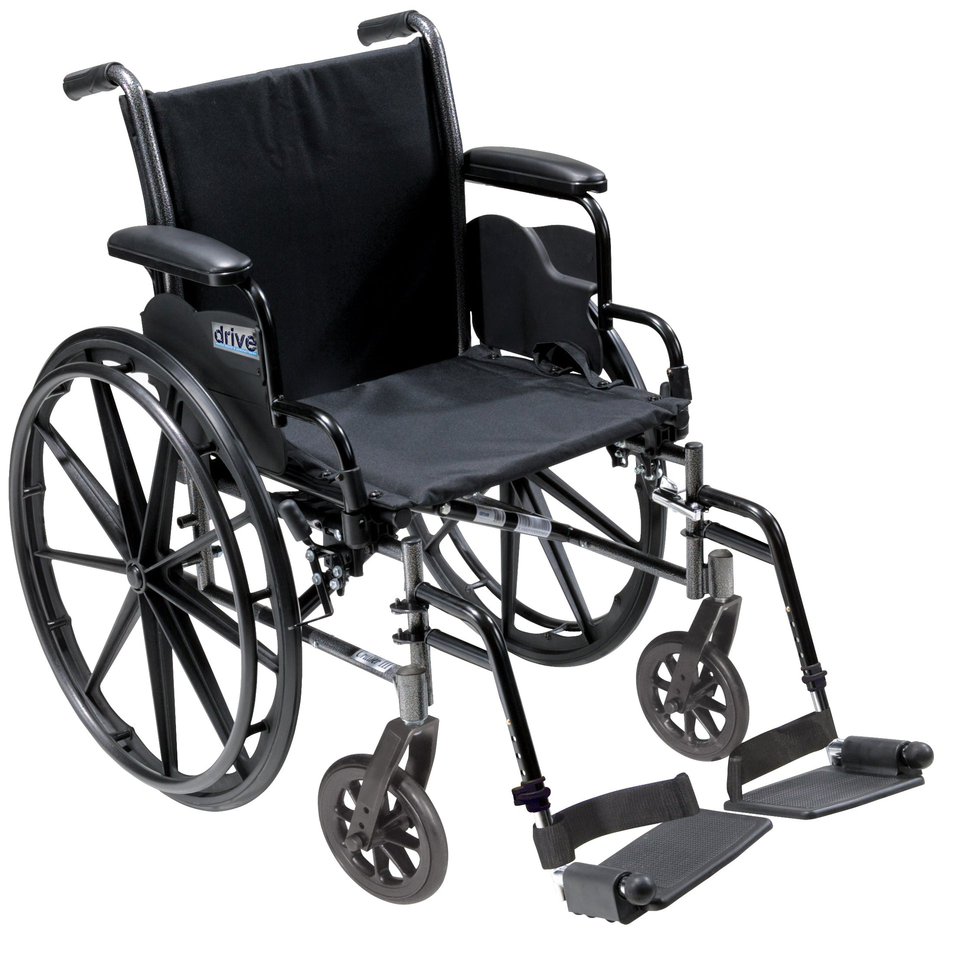 Black lightweight wheelchair with flip-back desk arms and swing-away footrests, 18-in seat