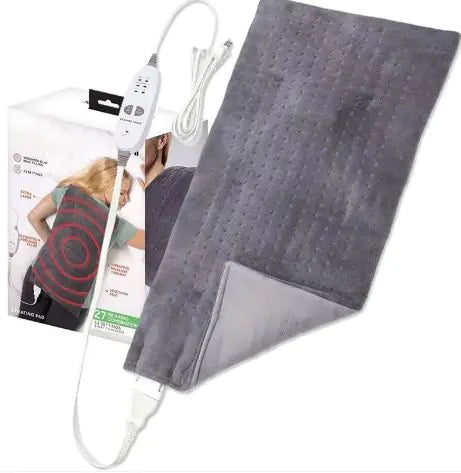 Grey heating pad with long power cord and remote controller, textured panel