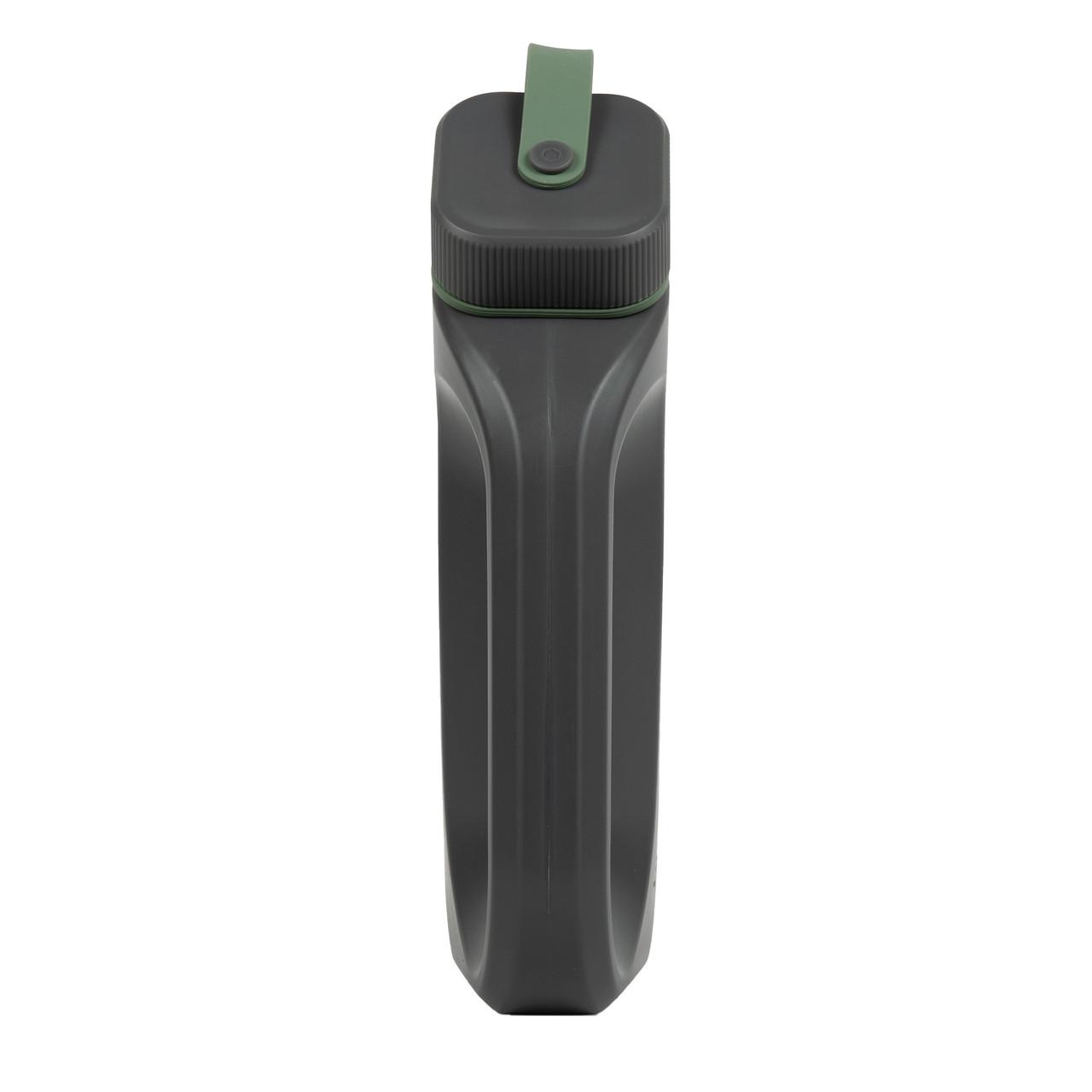 Cement gray portable urinal, upright view with green top cap and strap