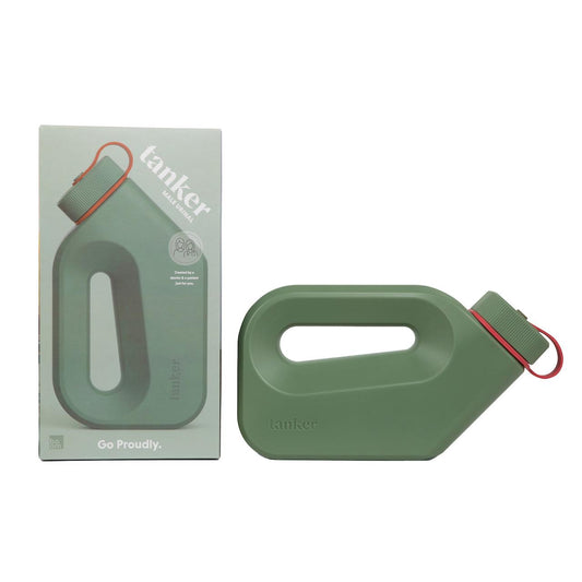 Men’s portable urinal in khaki green with carrying strap, shown with retail box