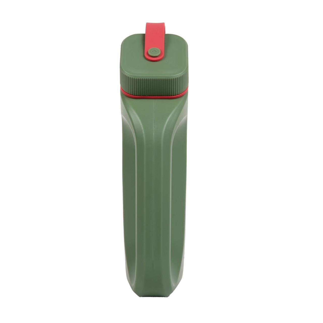 Khaki green portable urinal, front view with red-ring closure tab