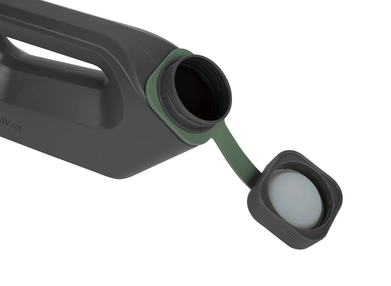 Khaki green portable spill-proof urinal with flip-open cup and angled spout