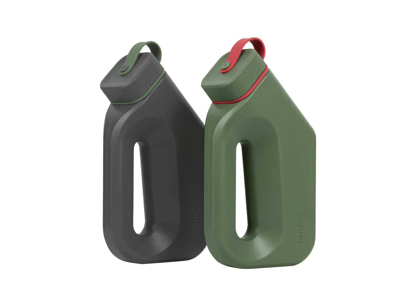 Men’s portable spill-proof urinal, dark gray body with green carry strap