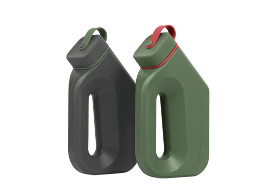 Men’s portable spill-proof urinal, dark gray body with green carry strap